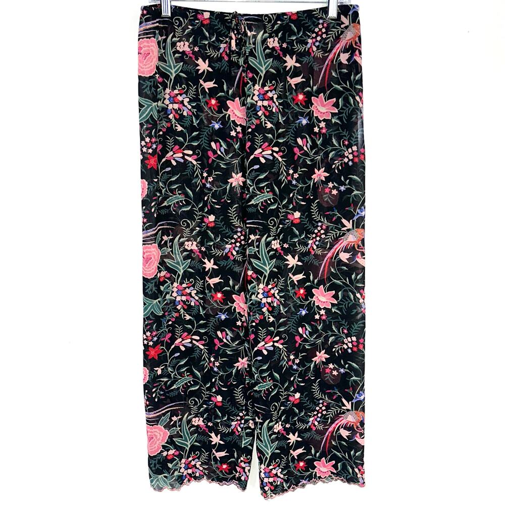 Natori Black Pink Floral Sheer Chiffon Wide Leg Pajama Sleep Pants Size Small